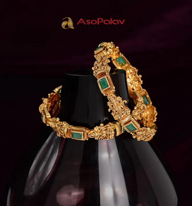 22K Gold Lakshmi Temple Bangles with Multicolor Stones | Asopalav Jewellers